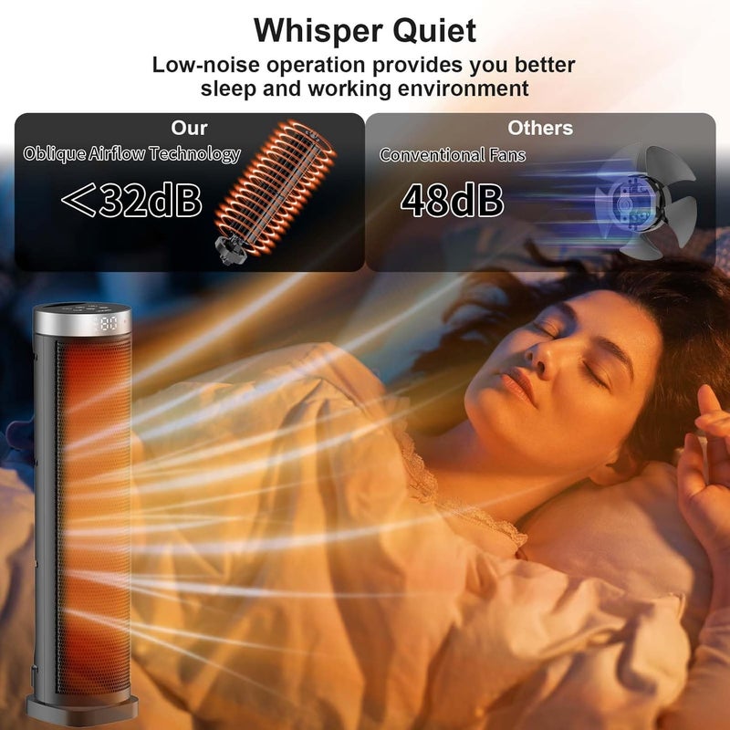 VOCRS Space Heater for Indoor Use with Remote - 70° Oscillating Tower Electric Heater, 24 Inchs, 12H Timer, 1500W Quiet PTC Ceramic Heating with Thermostat, Fast Safety Heat for Office, Home, Bedroom - Image 5